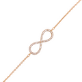 Gold-plated bracelet featuring an infinity symbol lined with clear stones on a white background