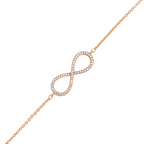 Gold-plated bracelet featuring an infinity symbol lined with clear stones on a white background
