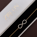 Infinity symbol bracelet displayed inside a Zircon Jewels gift box