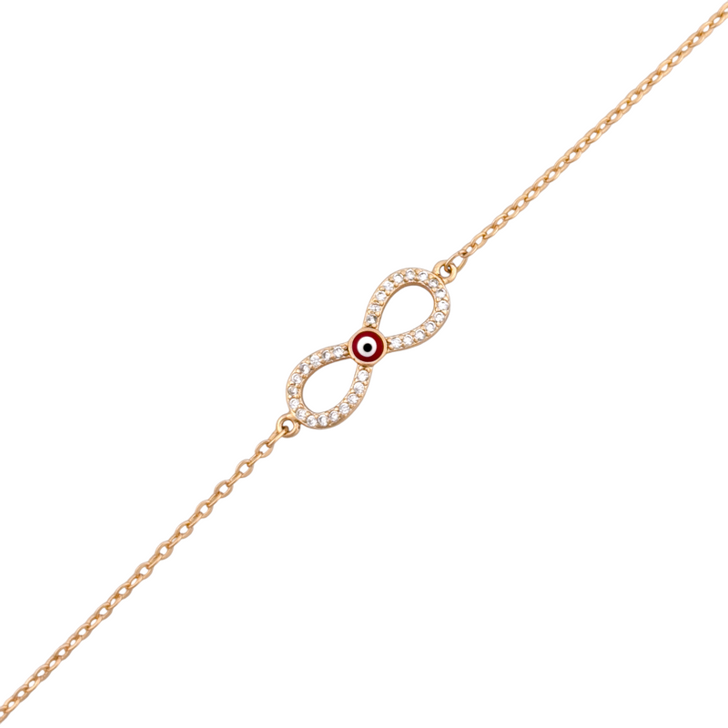 18k gold infinity bracelet with pavé detail and evil eye accent on a white background