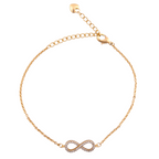 18k gold infinity charm bracelet on a white background