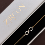 Infinity bracelet displayed in a Zircon Jewels gift box