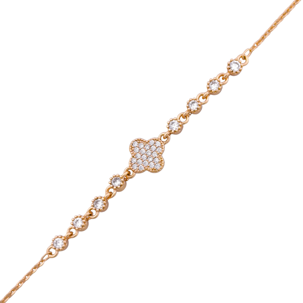 Delicate chain bracelet with pavé clover centre and round stone accents on a white background