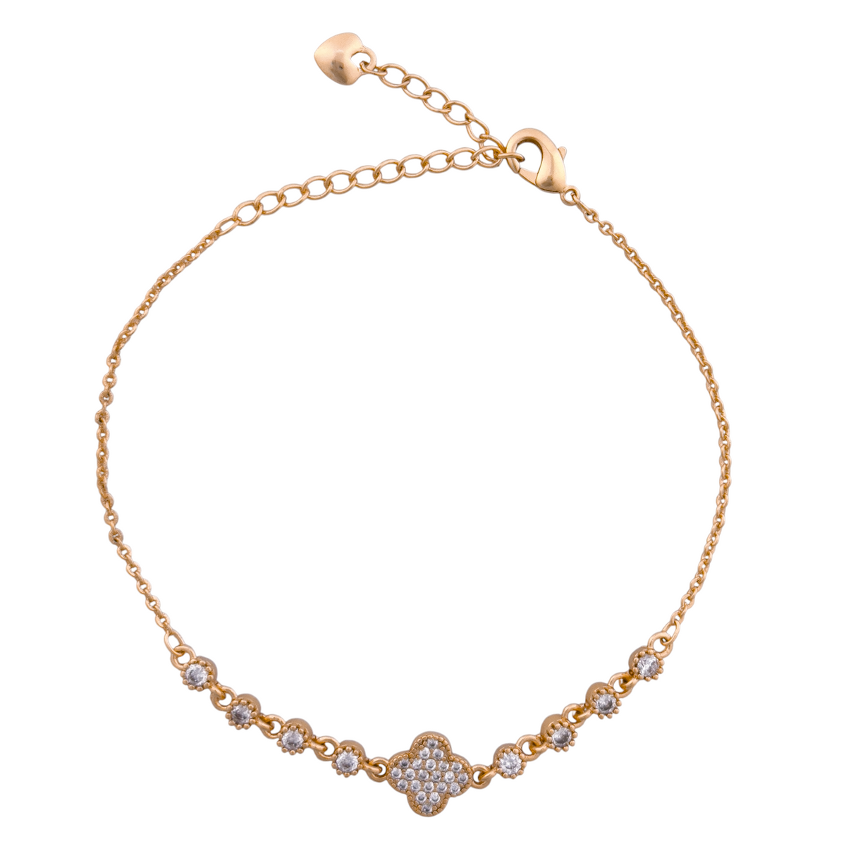 18K gold-plated pavé clover charm bracelet with bezel-set stones on a white background