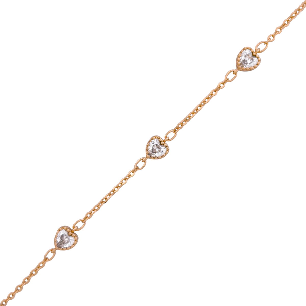 Delicate chain bracelet with two pavé heart charms on a white background