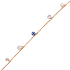 Close-up of blue nazar charm and round stone accents on gold bracelet on a white background