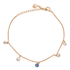 18K gold-plated evil eye charm bracelet with round bezel-set stones on a white background