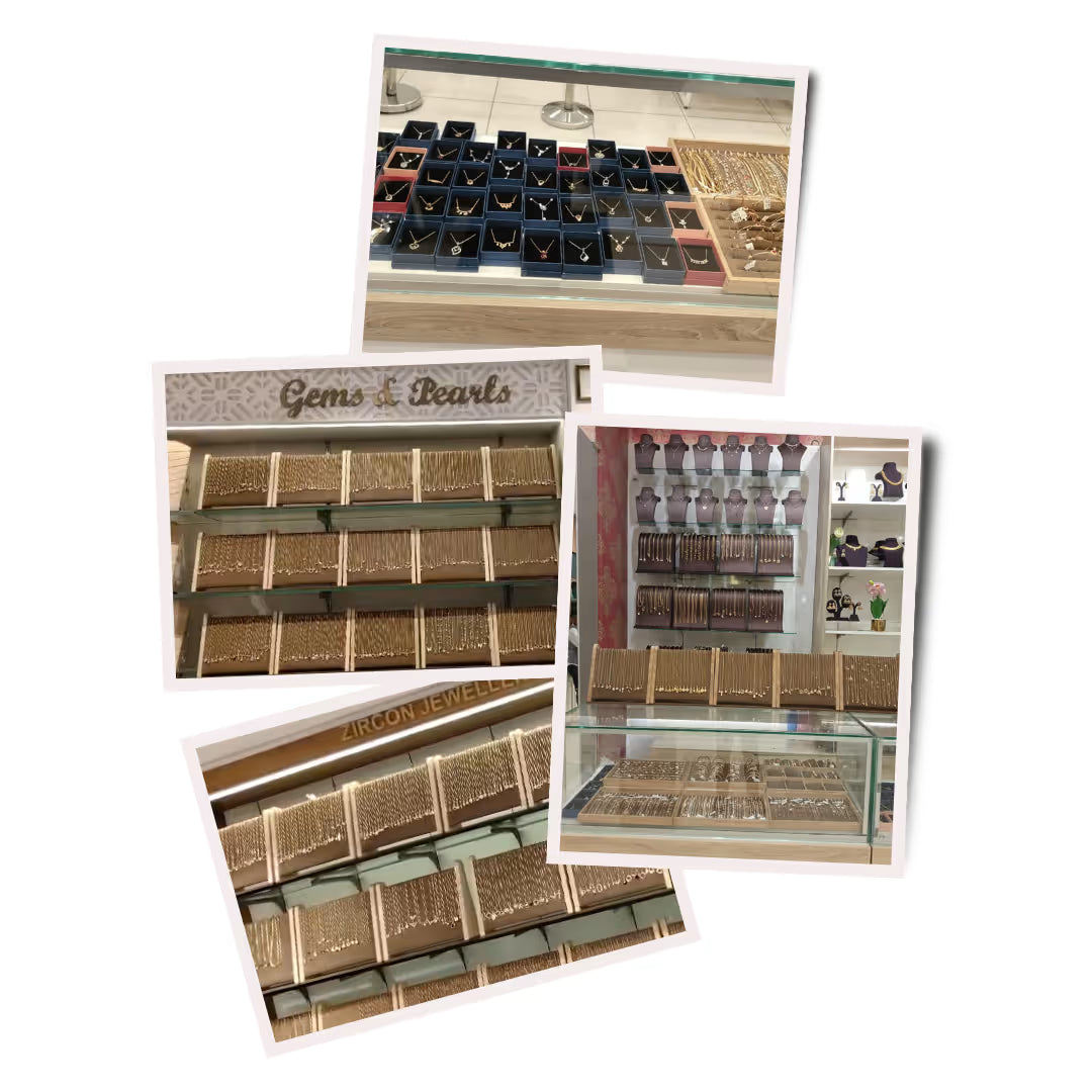 Collage of jewelry display cases with zircon jewels branding.