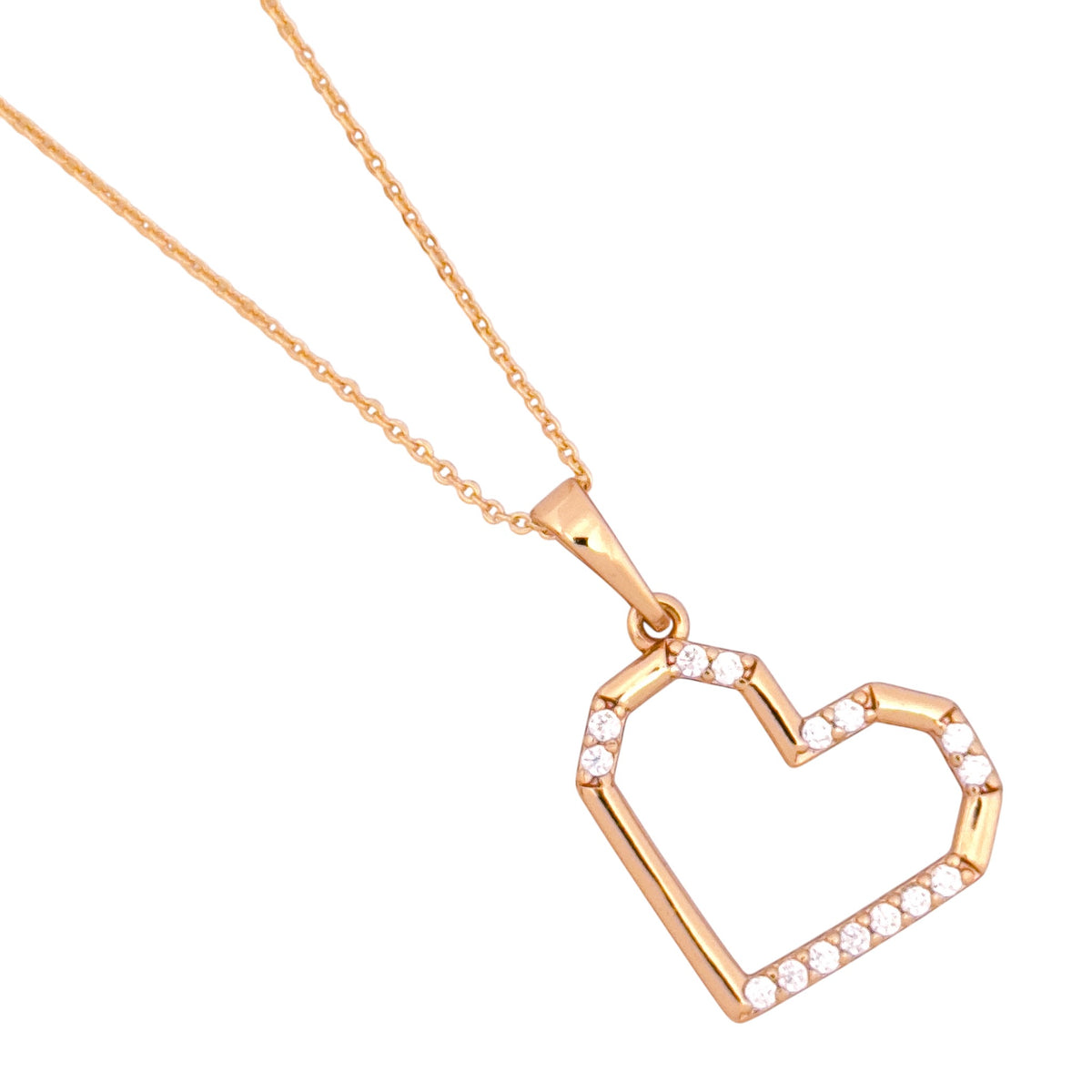 Close-up of the geometric heart pendant and pavé detail