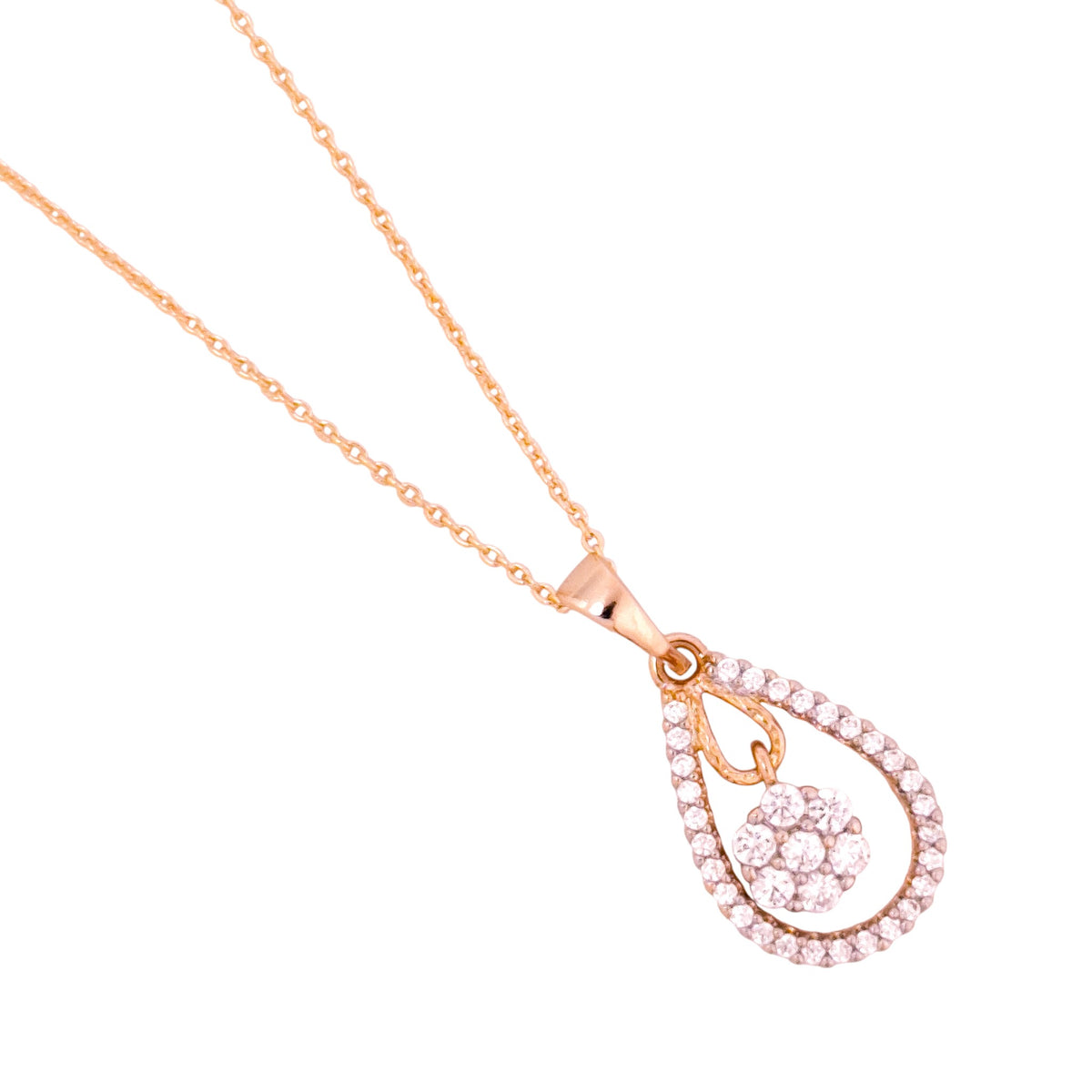 Close-up of the open teardrop pendant detail with a dangling clear stone cluster