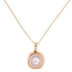 Gold-plated necklace with a round pendant featuring a clear center stone surrounded by a crystal halo on a white background