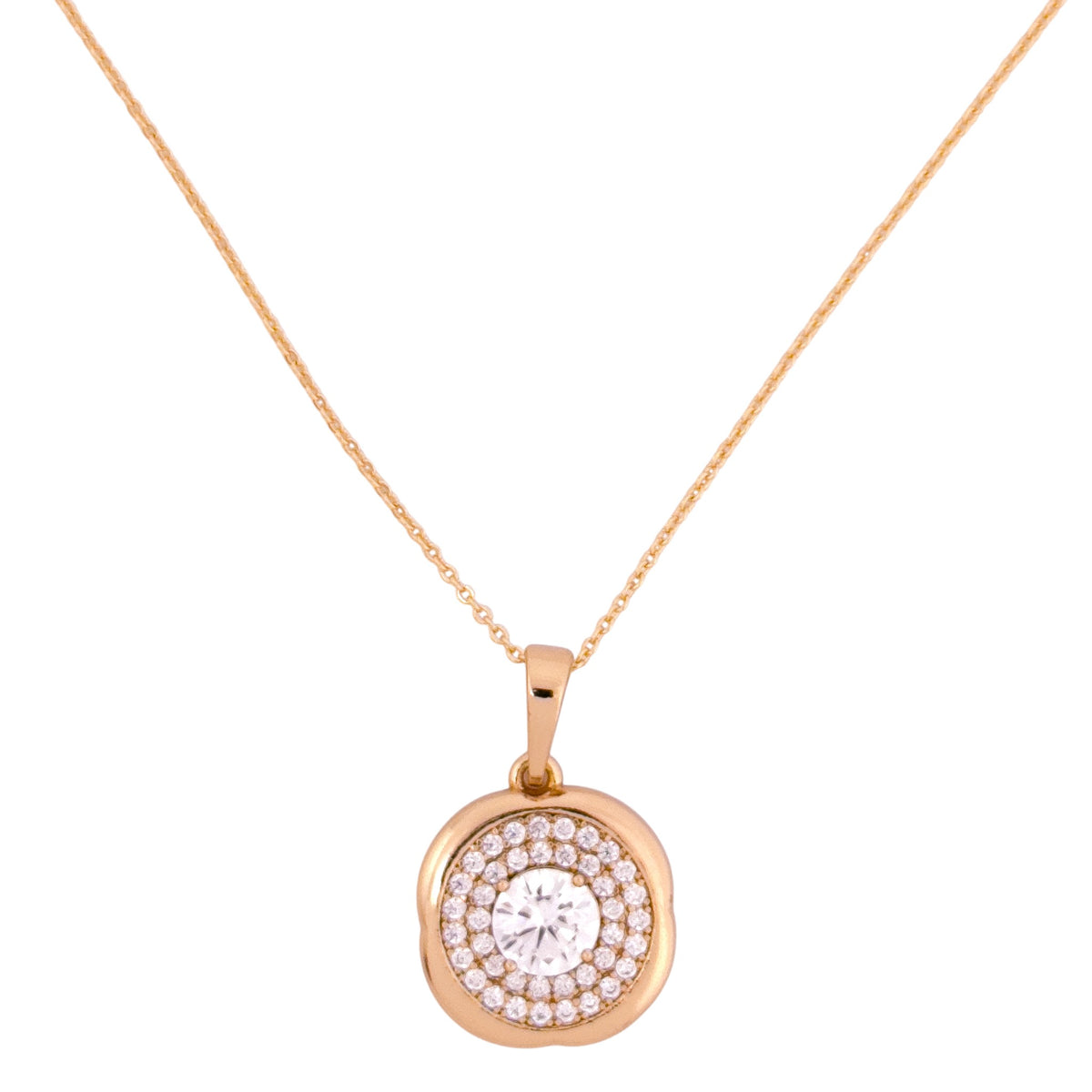 Gold-plated necklace with a round pendant featuring a clear center stone surrounded by a crystal halo on a white background