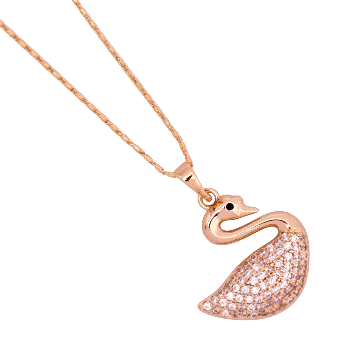 Close-up of the swan-shaped pendant detail with clear stones and a black stone eye
