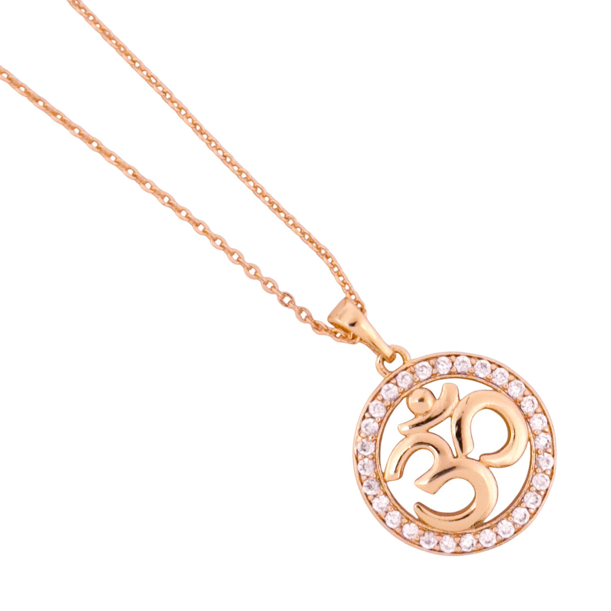 Close-up of the simple round Om pendant detail with a clear stone halo