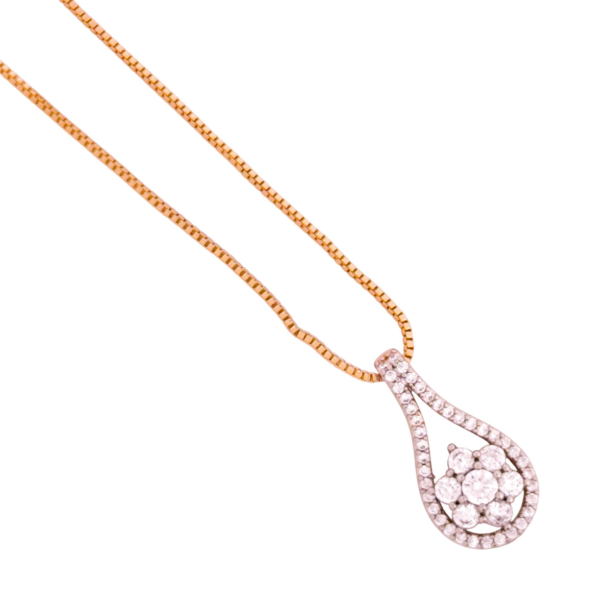Close-up of the teardrop-shaped pendant detail with clear stones
