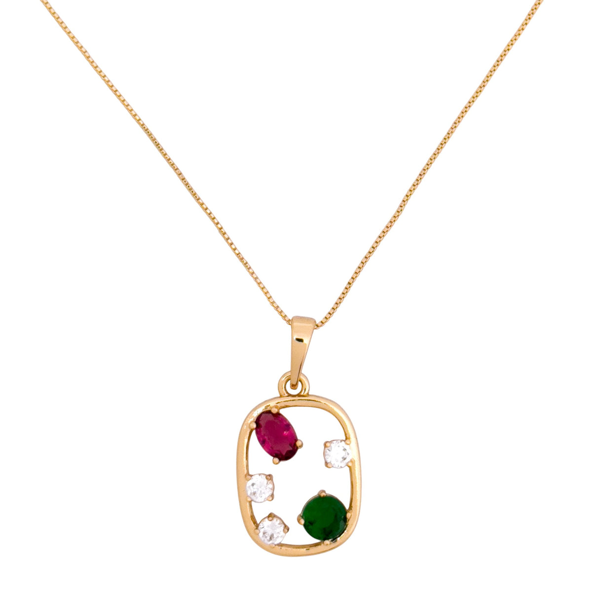 Gold-plated necklace with an open geometric pendant featuring red, green, and clear stones on a white background