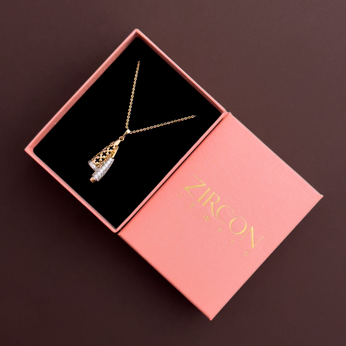 Dual-cone pendant necklace in a Zircon Jewels gift box