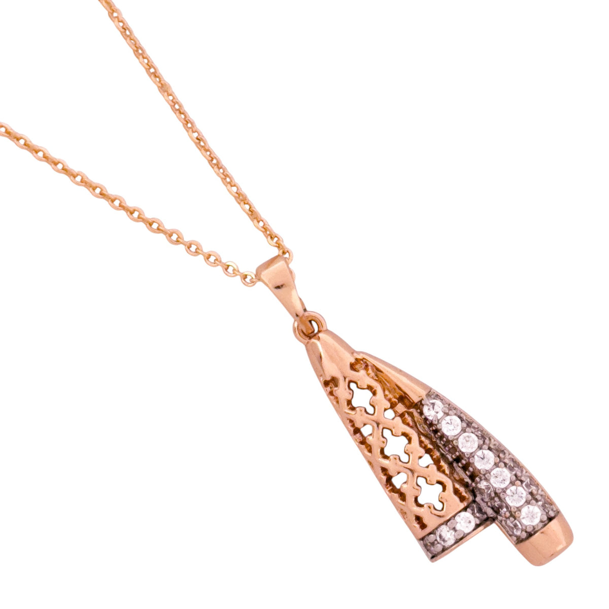 Close-up of the dual-cone filigree and crystal pendant detail
