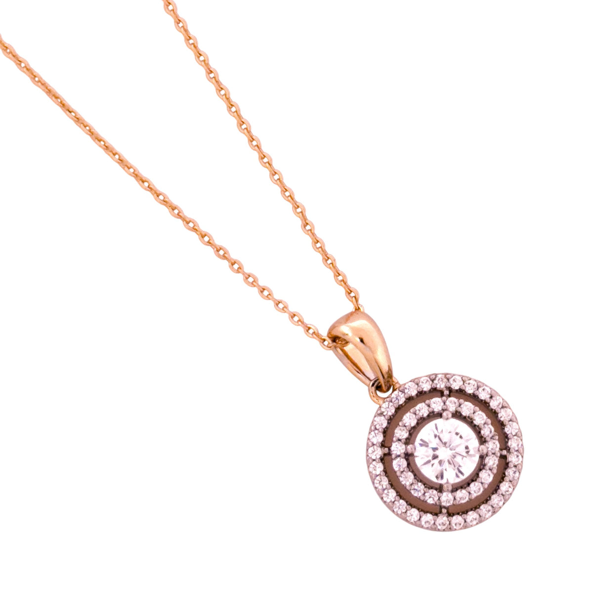 Close-up of the double-halo round solitaire pendant detail