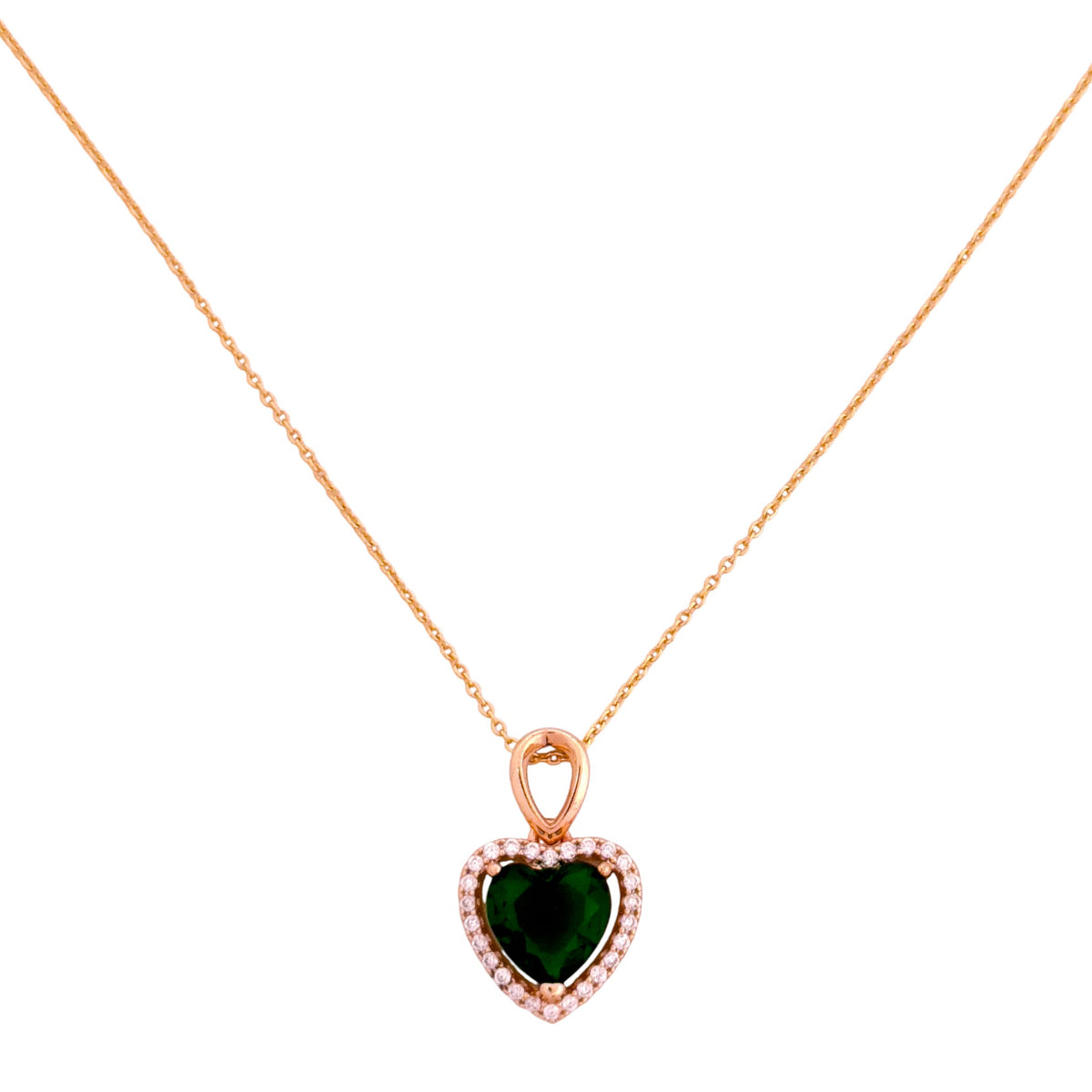 Heart-shaped green gemstone pendant on a rose gold chain against a white background