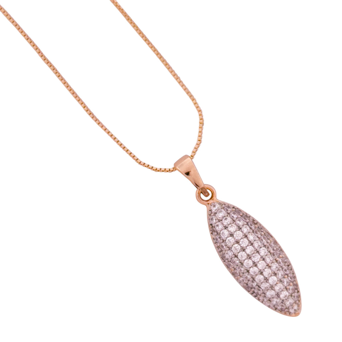 Close-up angled view of the slim leaf/navette pendant with micro-pavé detailing