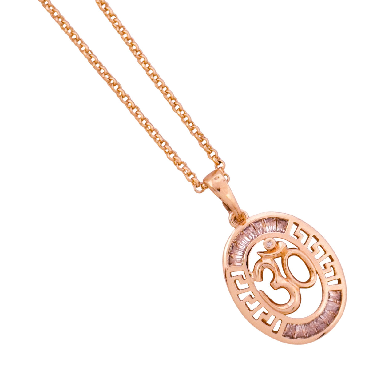 Close-up of the Om oval charm with pavé detailing