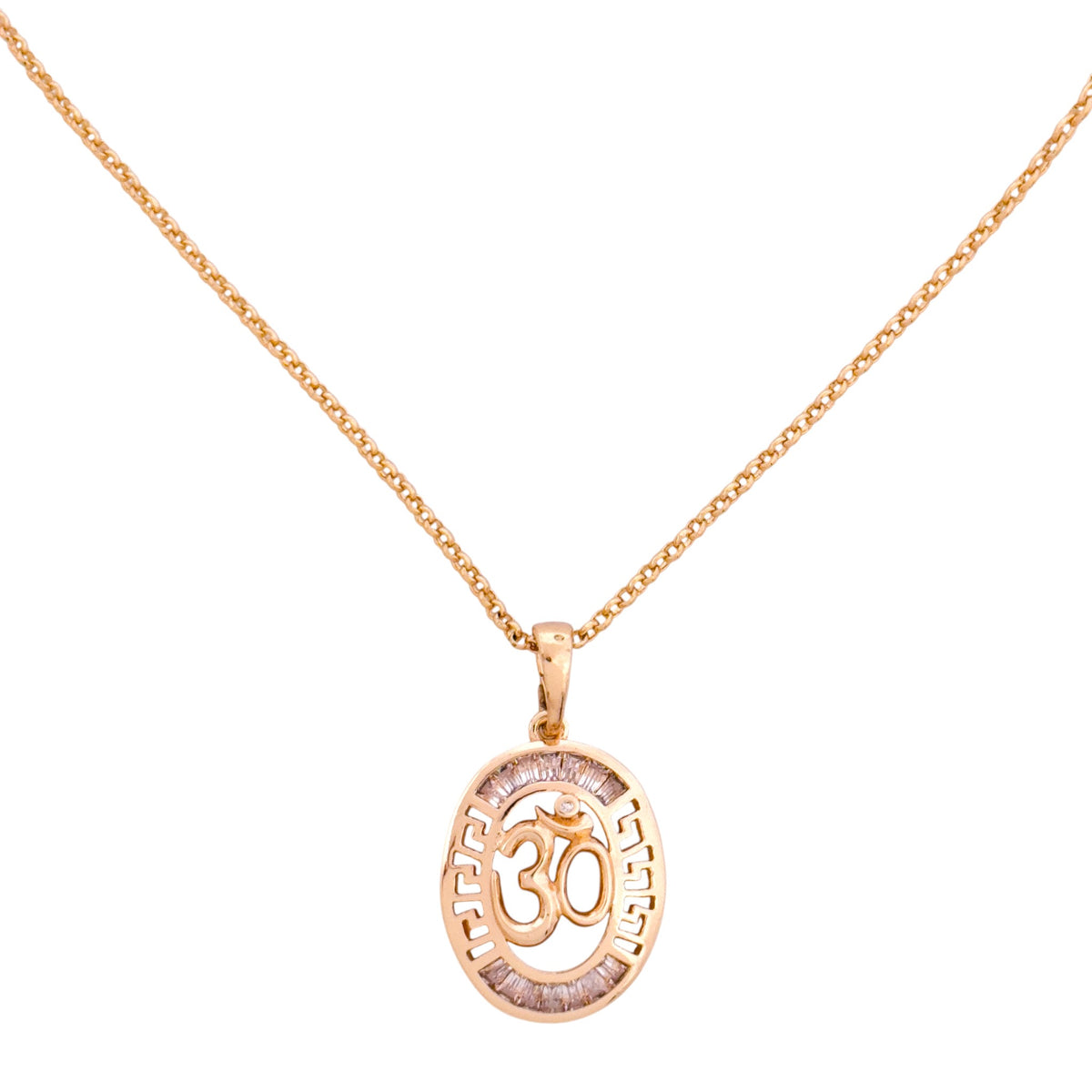 18k gold necklace with a pendant featuring the symbol 'Om' on a white background