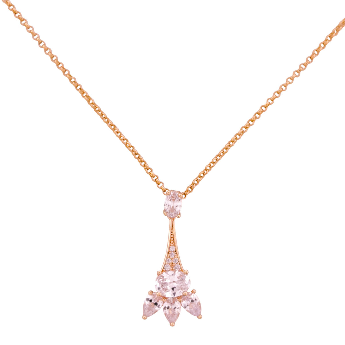 Gold-plated floral drop pendant with a center stone and teardrop petals