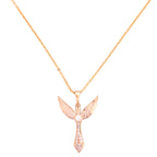 Gold-plated winged pendant necklace with pavé detailing on a white background