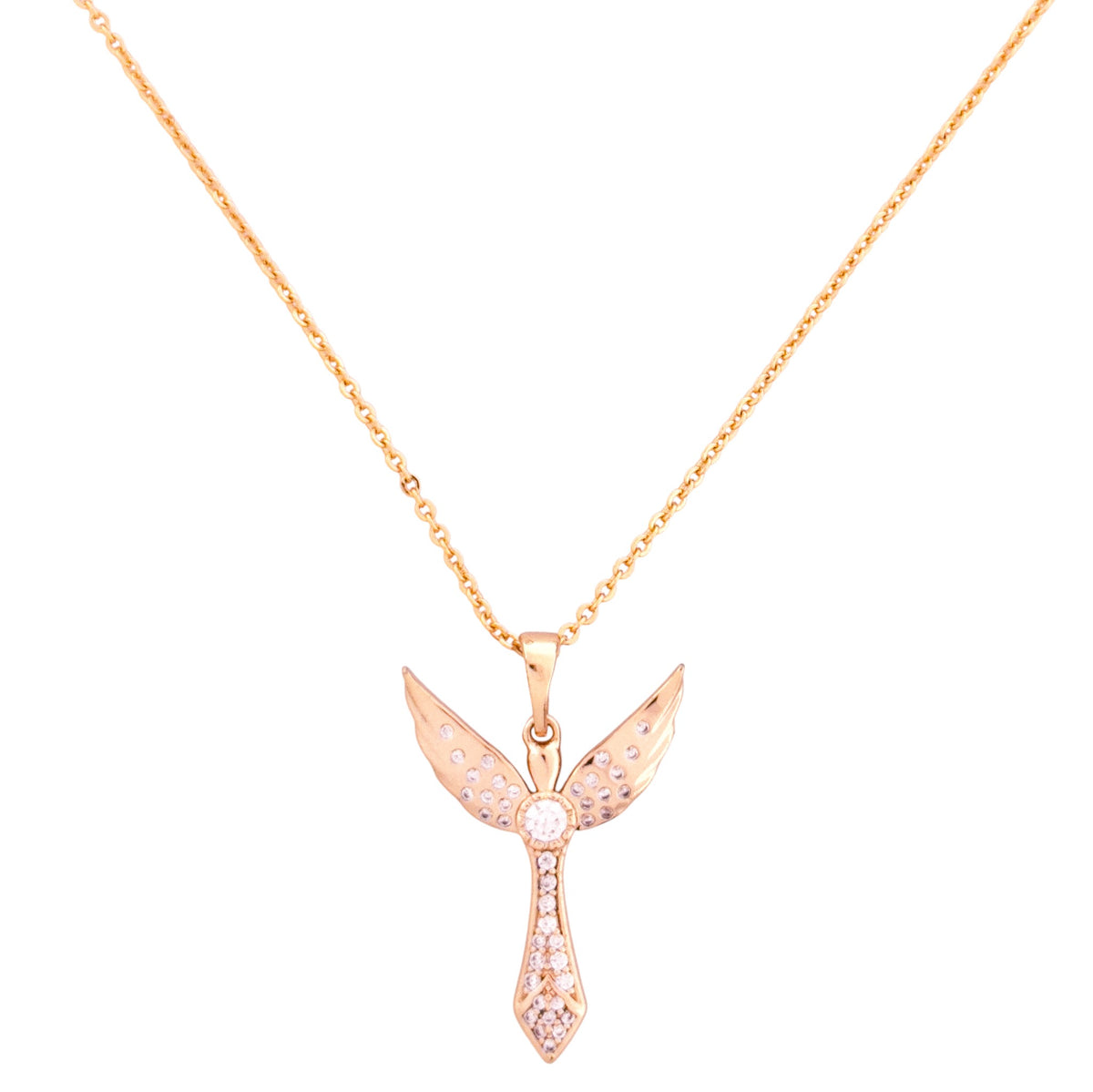 Gold-plated winged pendant necklace with pavé detailing on a white background