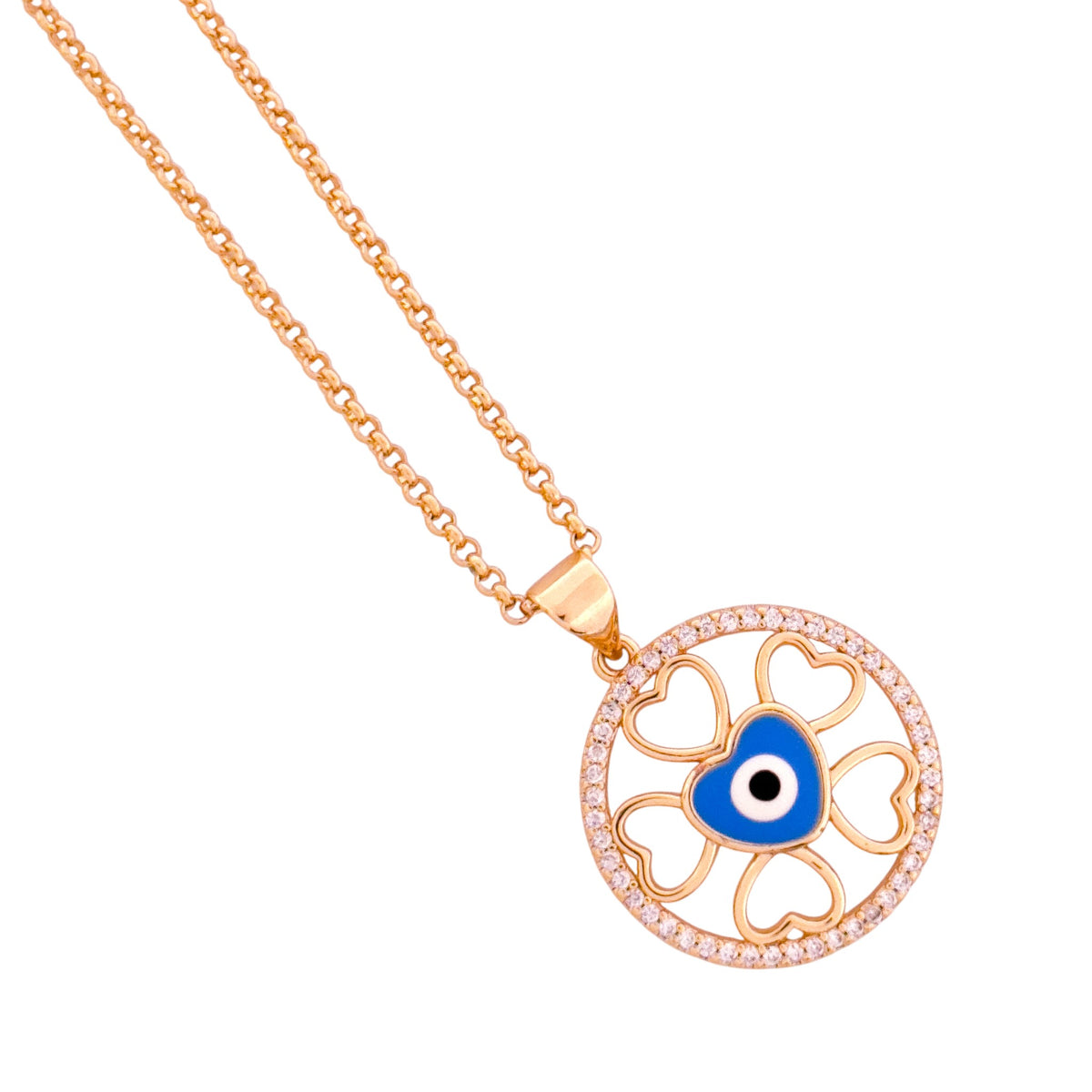 Close-up of the round pendant with heart cutouts and blue evil eye detail