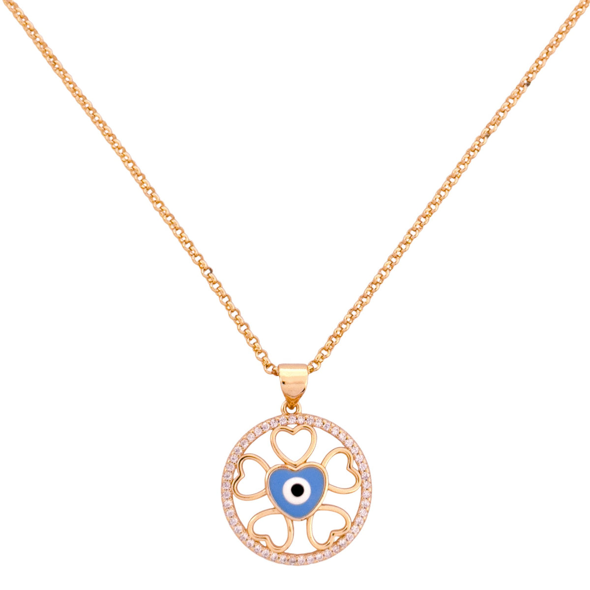 Gold-plated round pendant necklace with heart cutouts and a blue evil eye center on a white background
