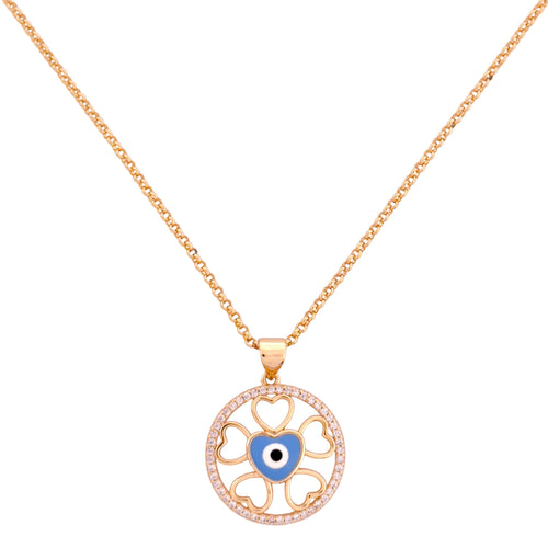 Gold-plated round pendant necklace with heart cutouts and a blue evil eye center on a white background