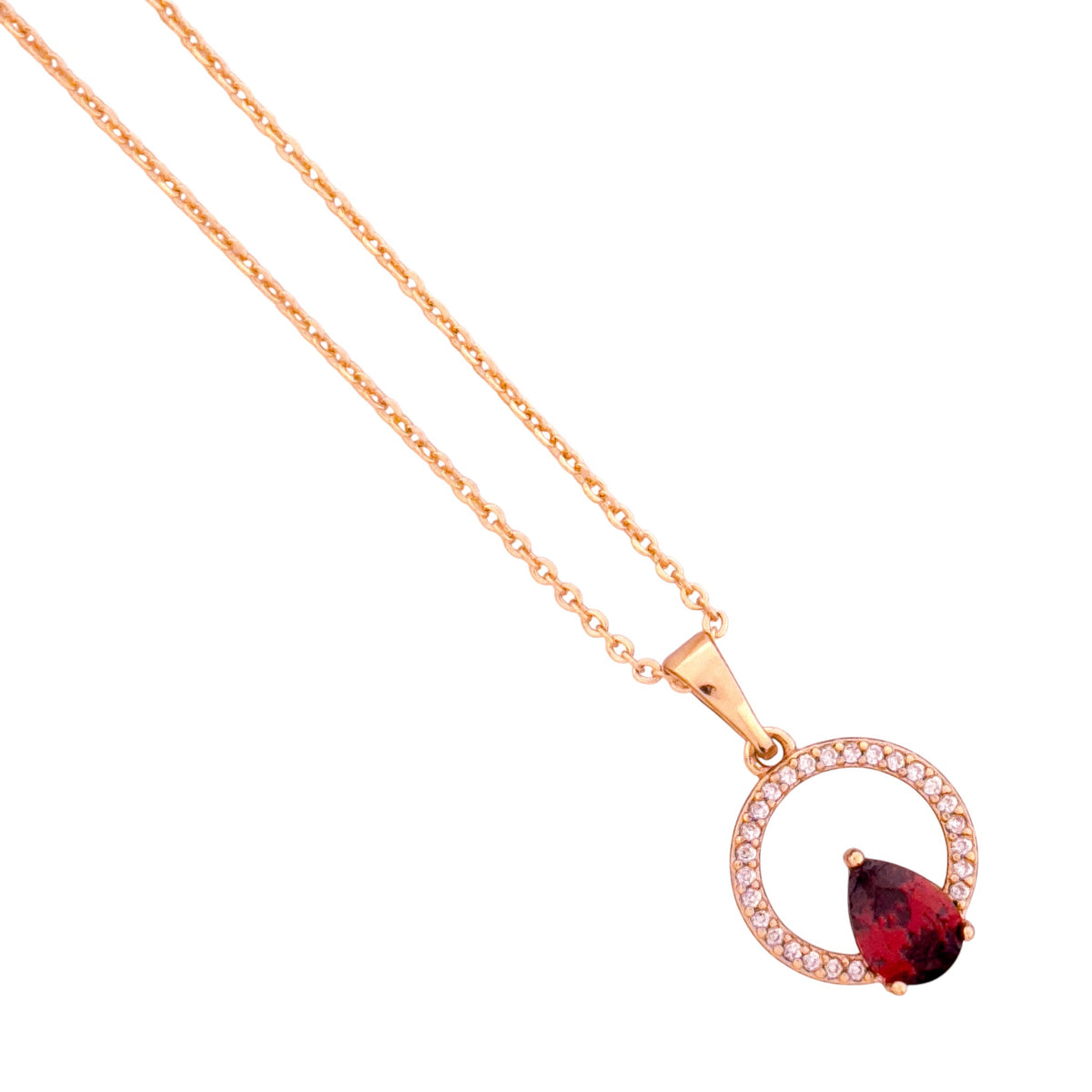 Close-up of the teardrop red stone with pavé halo detail