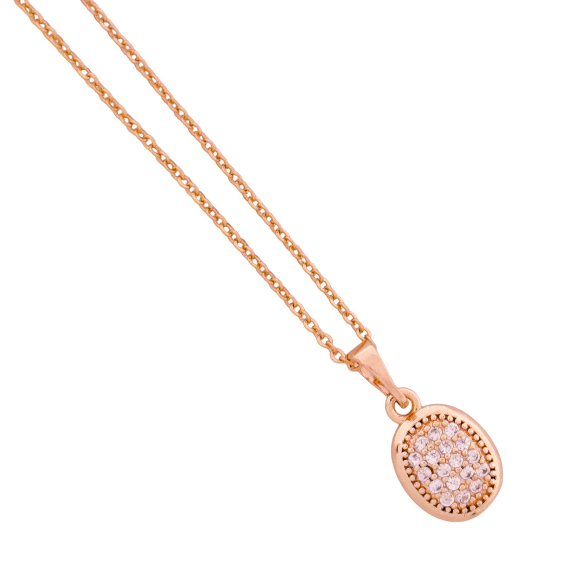 Close-up of the oval pavé pendant detail