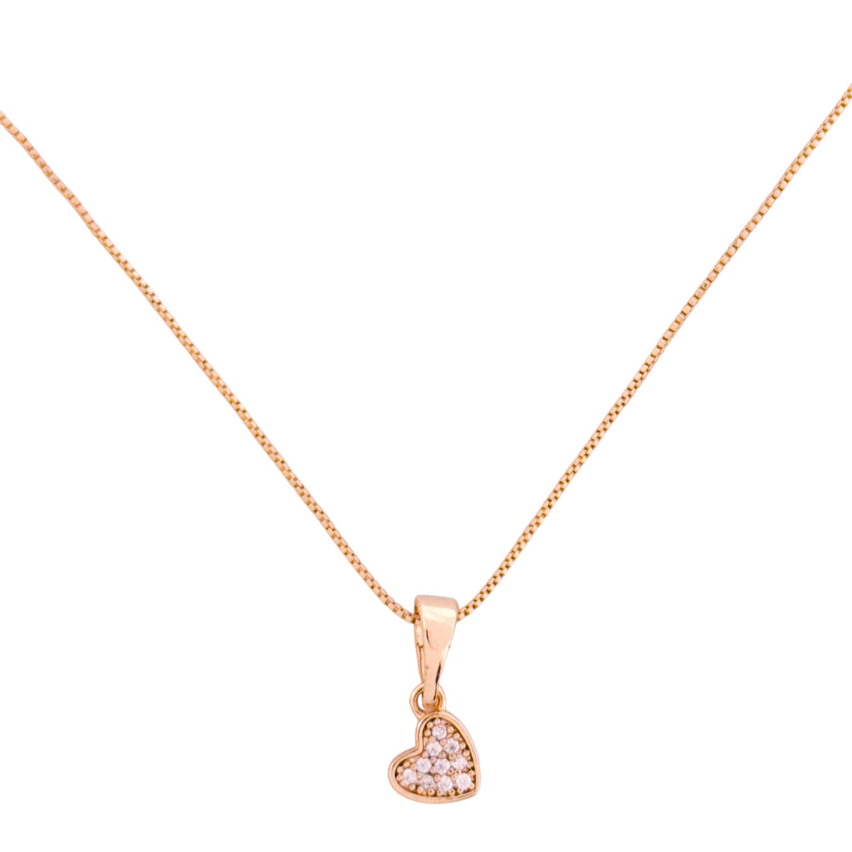 Gold-plated necklace with a small pavé heart pendant on a white background