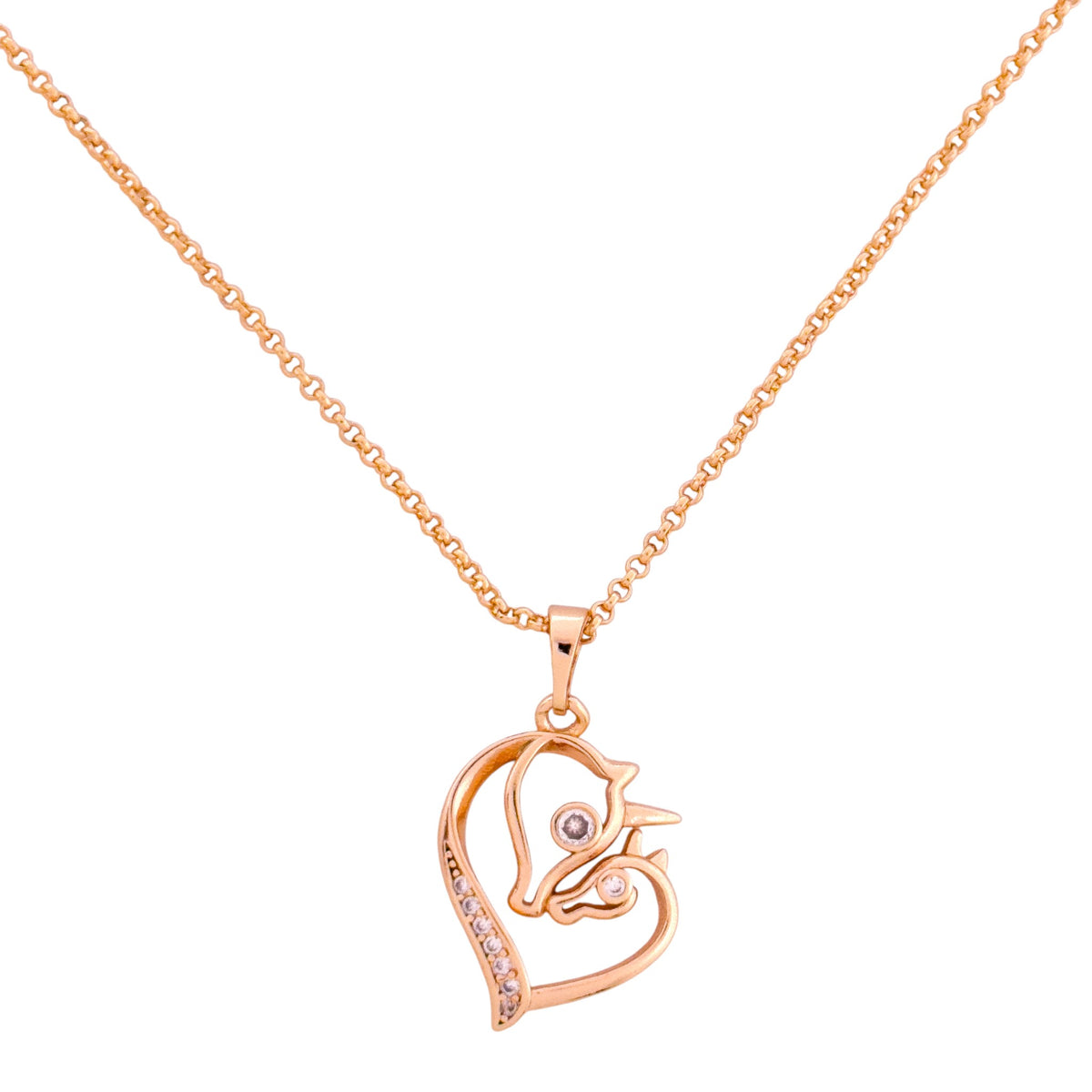 Gold-plated heart pendant necklace with a horse head design on a white background