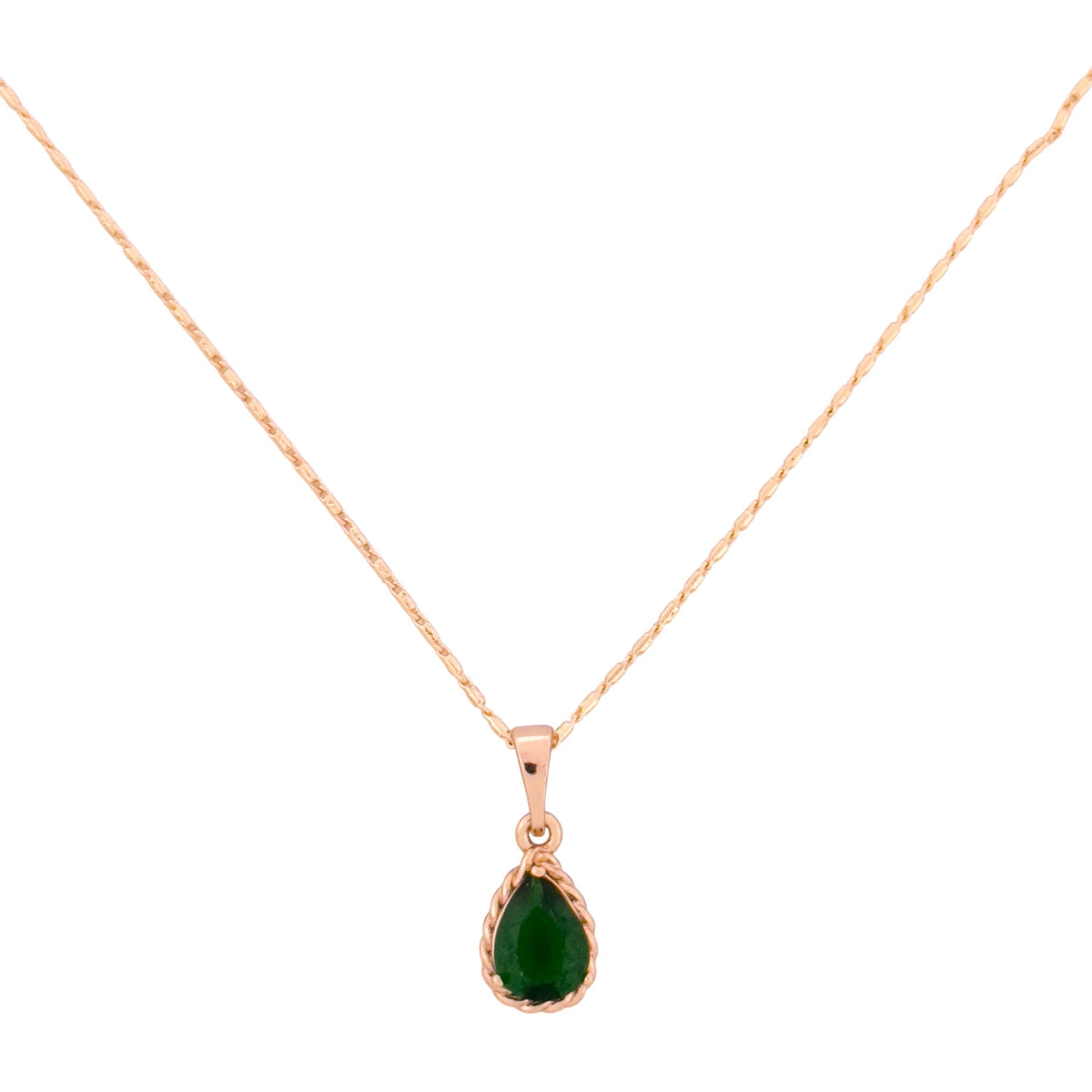 Necklace with a green teardrop pendant on a white background