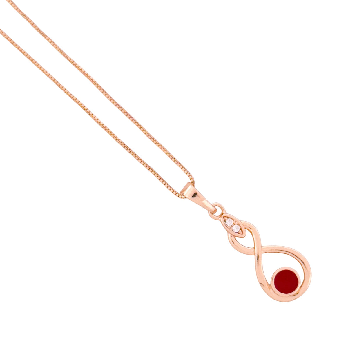Close-up of the infinity drop pendant with red enamel detail