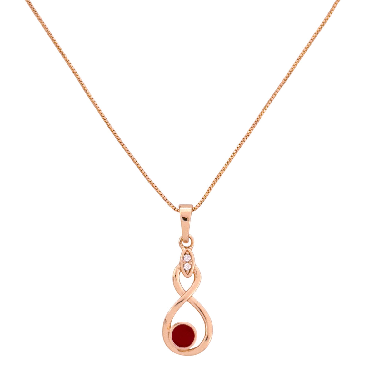 Gold-plated infinity drop pendant necklace with a red gemstone accent on a white background