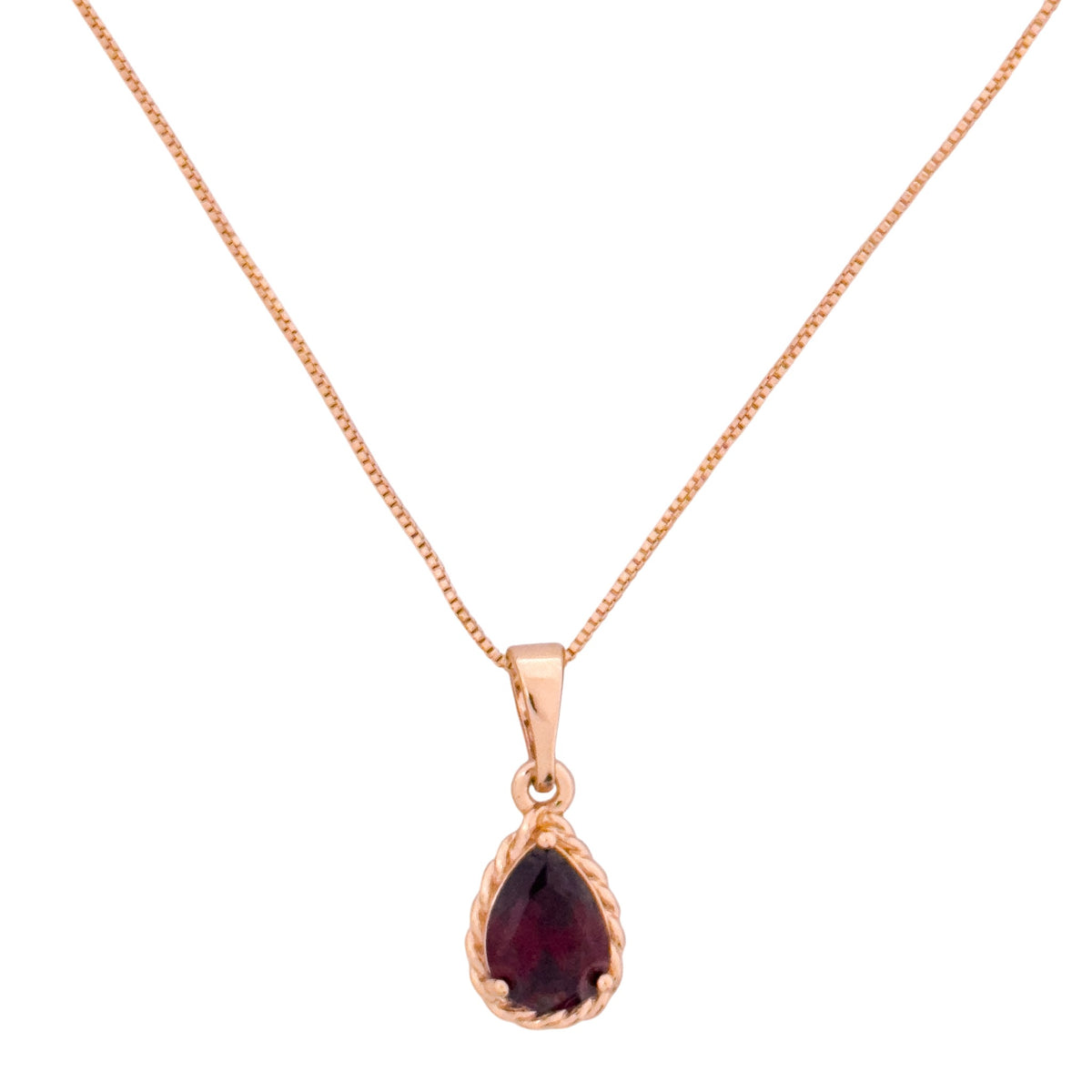 Gold-plated teardrop pendant necklace with a deep red stone on a white background
