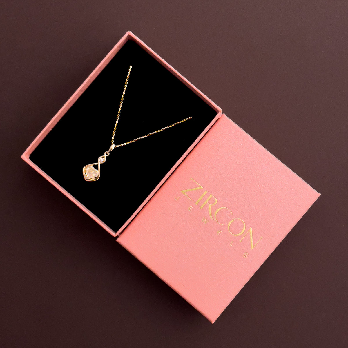 Infinity-heart pendant necklace in a Zircon Jewels gift box