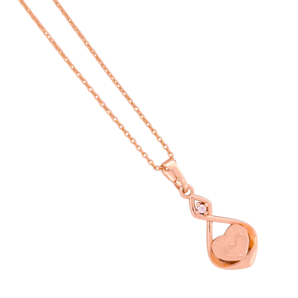 Close-up of the infinity-heart teardrop pendant detail