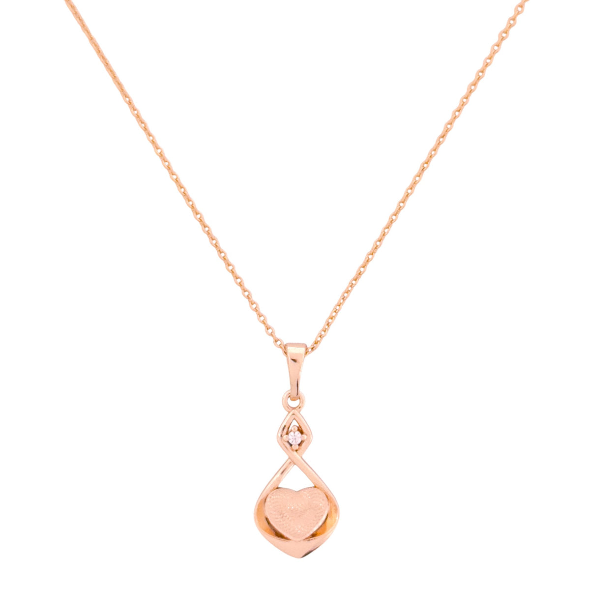 Gold-plated infinity-heart teardrop pendant necklace with a single sparkling stone on a white background