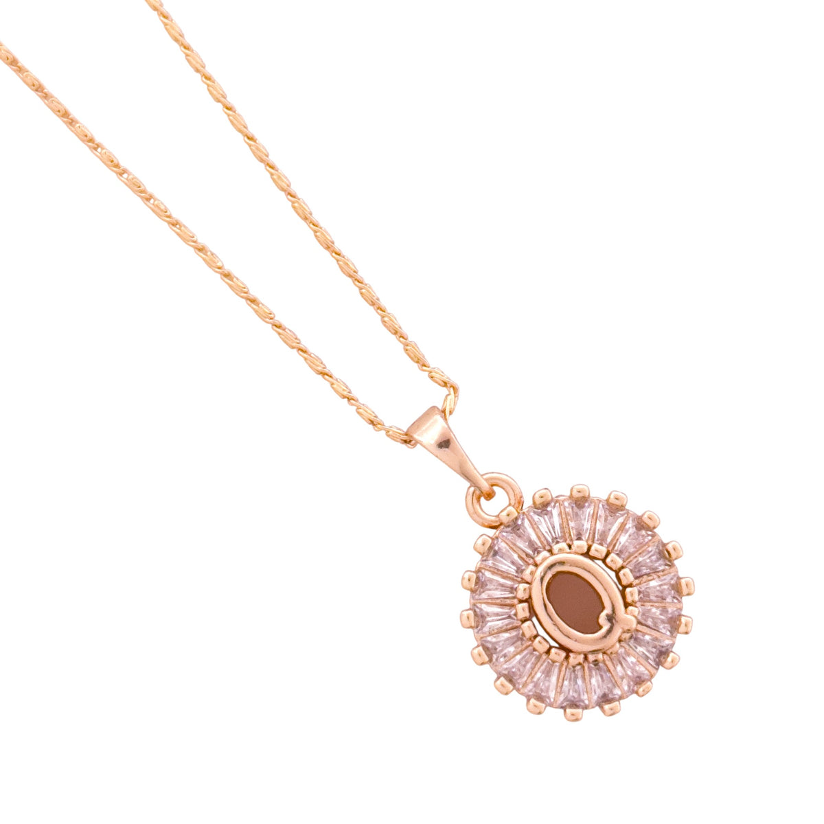 Gold-plated necklace with a pavé halo pendant and brown enamel center on a white background