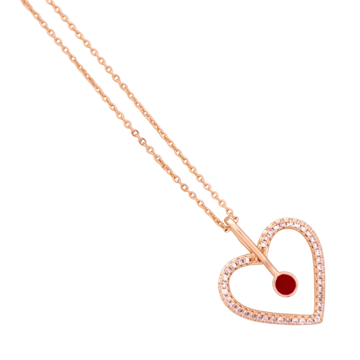 Close-up of the open heart pendant with red gemstone detail
