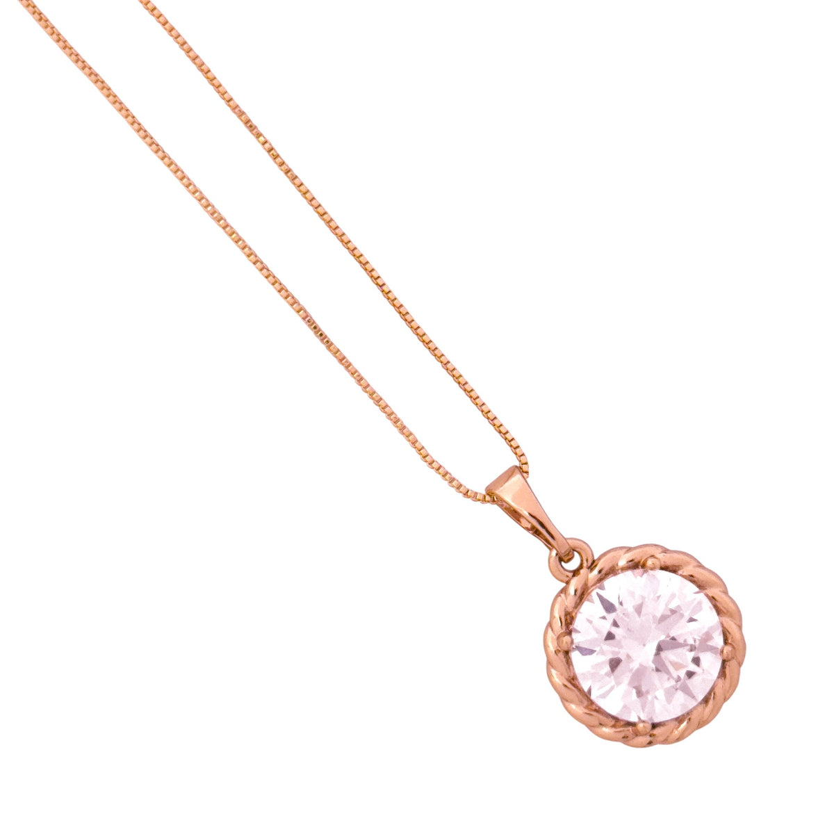Close-up of the round solitaire pendant and twisted bezel detail