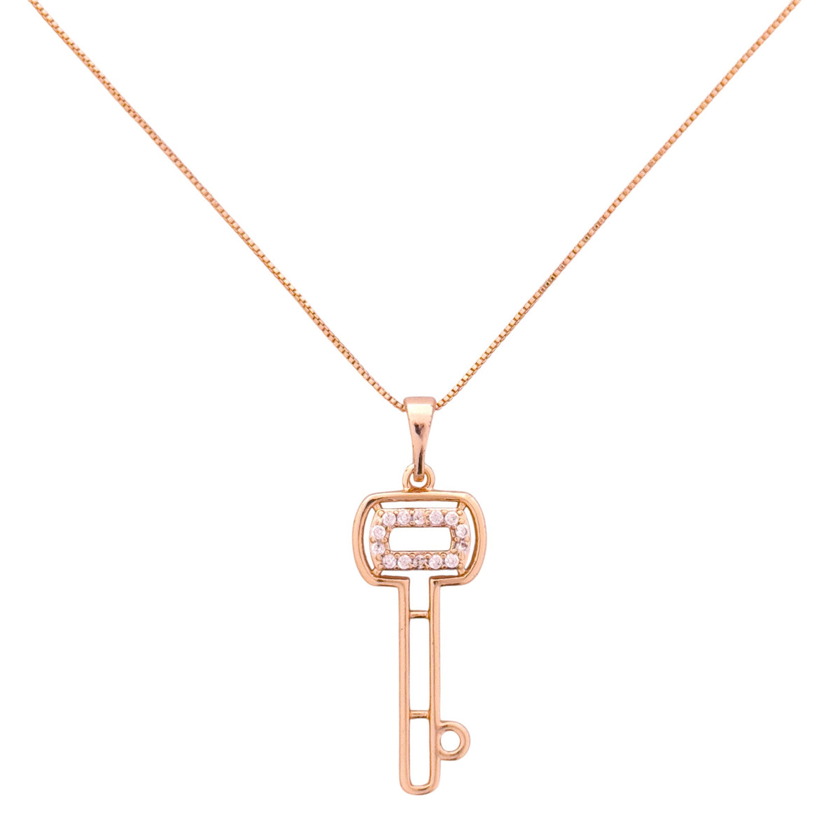 Gold-plated openwork key pendant necklace with pavé CZ accents on a white background