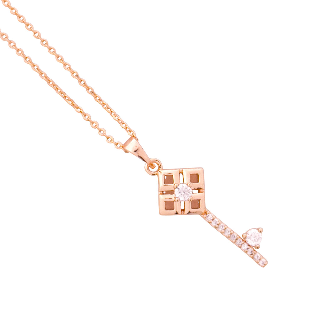 Close-up of the geometric key pendant detail