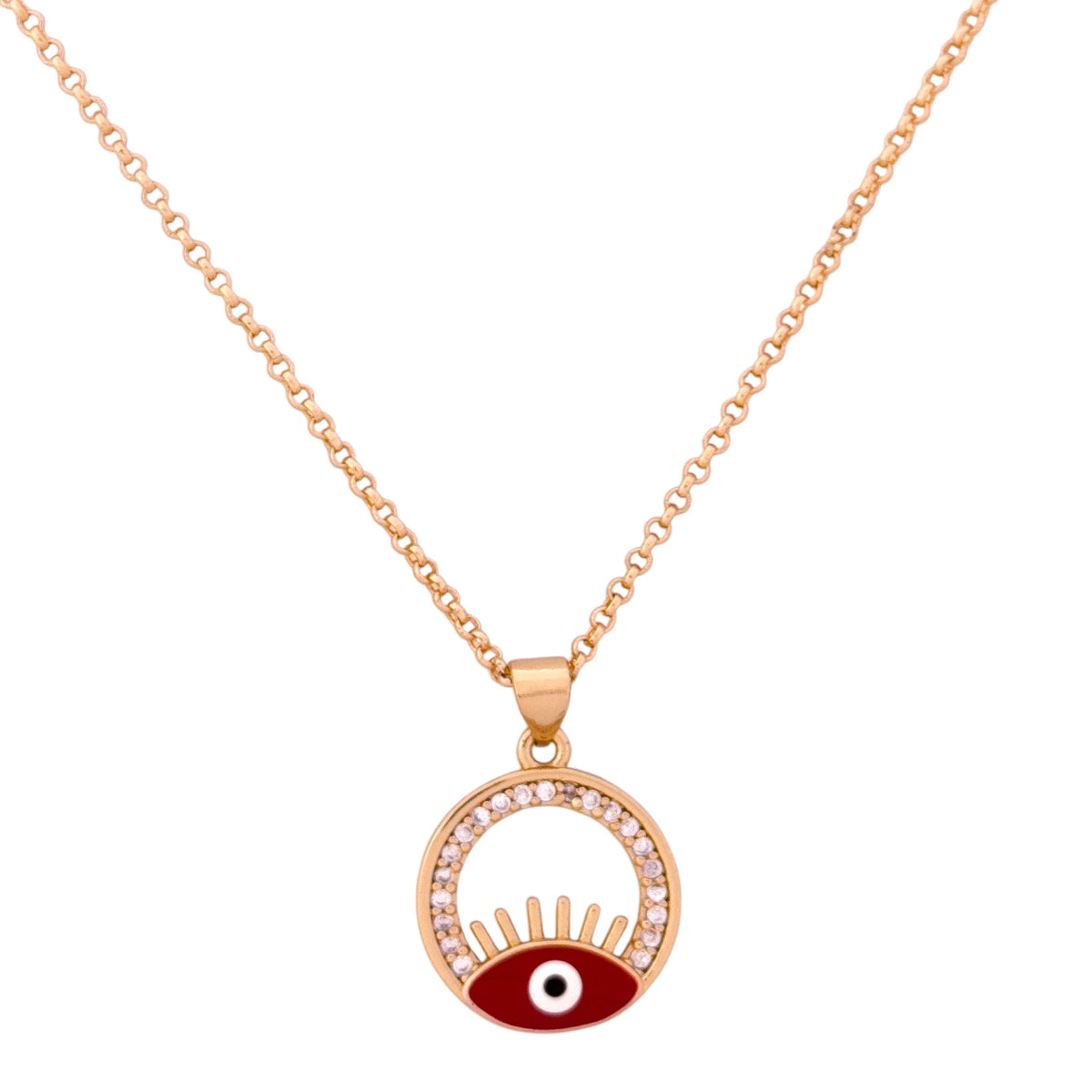 Gold-plated red enamel evil eye pendant necklace with lash detailing on a white background
